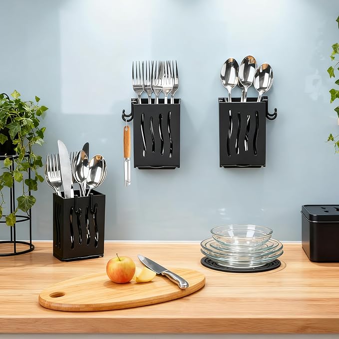 Utensil Drying Rack, 4Pcs Wall Mounted Utensil Holder Kitchen Drainage Basket Accessories, Plastic Dish Drainer Cutlery Knife Fork Spoon Holder Organizer, with Drain tray and Hooks