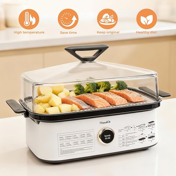 450C/842F Electric Food Steamer,Superheated Steam Cooker, 40% Less Fat, Premium Borosilicate Glass Lid, 10 One-Touch Presets, No Descaling 2+ Years, Real-Time Temp Display, 8 Qt 1800W White