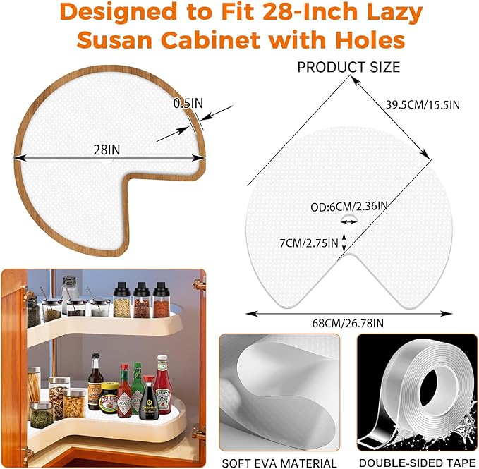 2 Pack 26In Lazy Susan Shelf Liner, Upgraded Composite Materials Circle Lazy Susan Liner for Kitchen Cabinets, Non Adhesive Liners Mats for Shelf Drawer Refrigerator Cupboard (2 Pack-White)