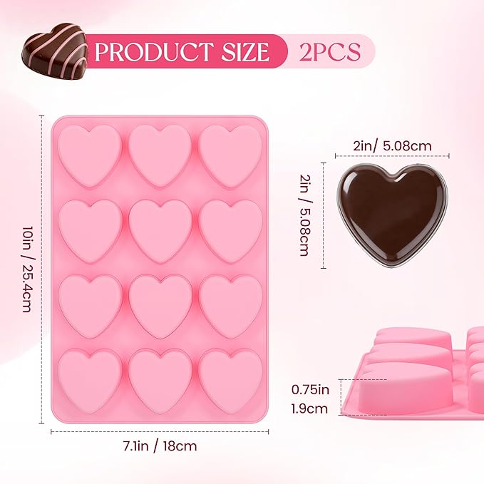 Heart-Shaped Silicone Chocolate Molds - Set of 2 Non-Stick Candy Heart Molds for Baking, Candy, Gummy, Cake, Jelly, Pudding, Handmade Soap Mould, Food Grade - Pink&Rose