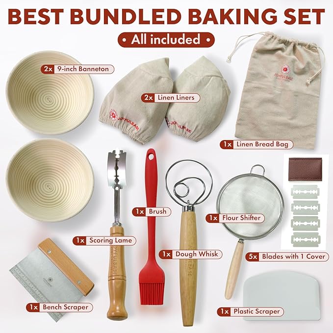 Banneton Bread Proofing Basket Set of 2 Sourdough Starter Kit with 9- Inch Round Baskets Fermentation Proofing Bowls Artisan Sourdough Bread Baking Supplies with Tools Liners and Linen Bag