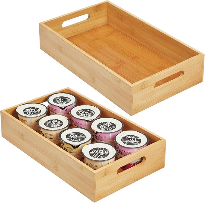mDesign Wide Bamboo Kitchen Cabinet & Fridge Drawer Organizer Tray - Storage Bin with Handles for Cutlery, Serving Spoons, Cooking Utensils, Appliances - Echo Collection, 2 Pack, Natural Wood