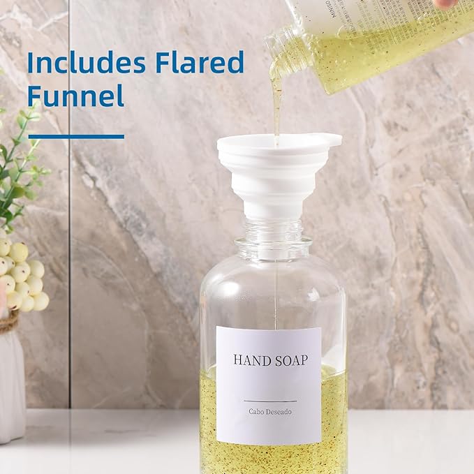 Glass Soap Dispenser with Pump, Dish and Hand Soap Dispenser for Kitchen Bathroom Set, Clear Glass Dispenser Set of 2 Pack with 18 Stickers Funnel Bamboo Tray 500ml 18oz / Each Bottle Sliver Pump