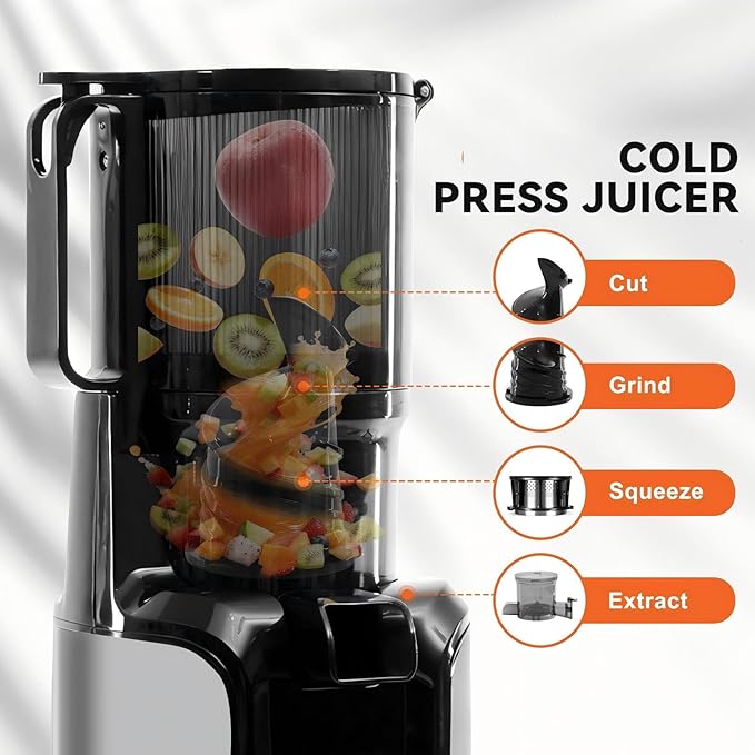 NEWBULIG Cold Press Juicer Machines, Masticating Juicer with High Juice Yield, Reverse Function, Stops Oxidation and Easy to Clean for Vegetables & Fruits, Silver