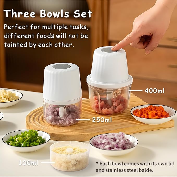 Mini Food Processor Cordless Set with Multiple 3*(400ml+250ml+100ml) Bowls＆ 6+3+2 Blades, Small Garlic Chopper Mincer, USB Rechargeable Battery Vegetable Chopper,Wireless Electric Meat Blender Grinder