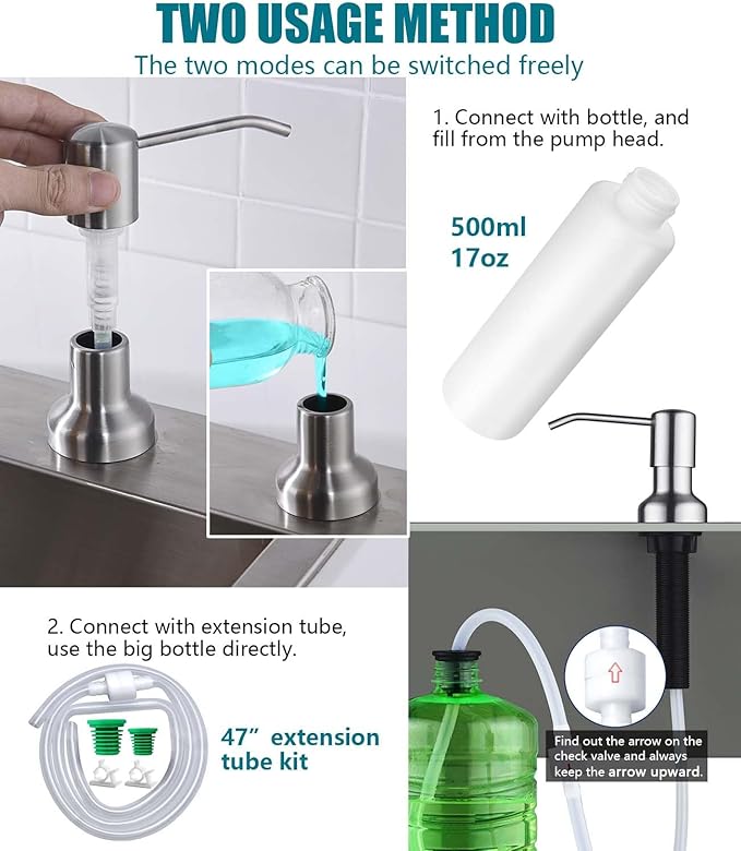 Soap Dispenser for Kitchen Sink, SonTiy Kitchen Dish Soap Dispenser Pump Brushed Stainless Steel Liquid Soap Dispenser with 47" No-Spill Extension Tube with Check Valve+17 OZ Bottle, Powerful Suction