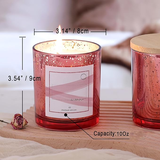 LAMORGIFT 10oz Rose Gold Empty Candle Jars With Lids - 12 Pack Making Containers - Mercury Glass Jars Include 15 Pcs Labels