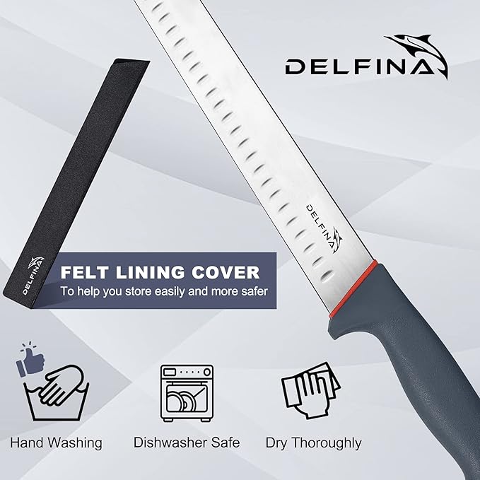 DELFINA 12 Inch Brisket Slicing Knife W/Sheath & SoftGrip Handle, Sharp Premium Carving Slicing Knife For Meat Cutting, Great for Slicing Roasts, Meats, Fruits and Vegetables