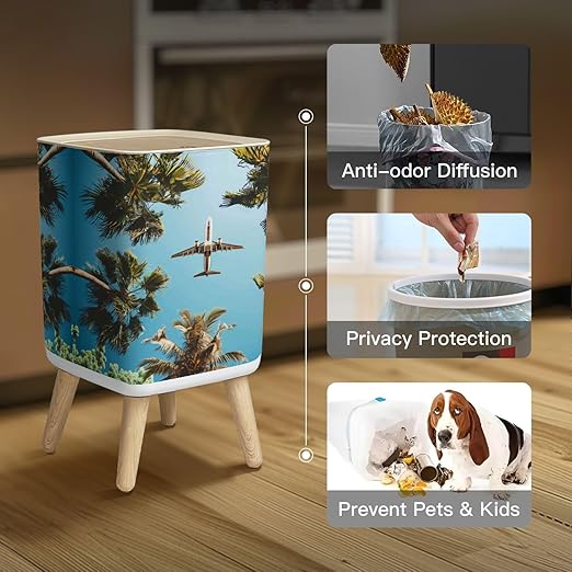 Small Trash Can with Lid Airplane Flight Tropical Vacations Wastebasket with Press Cover Dog Proof Garbage Can Waste Bin for Kitchen Bathroom Nursery 2.6 Gallon
