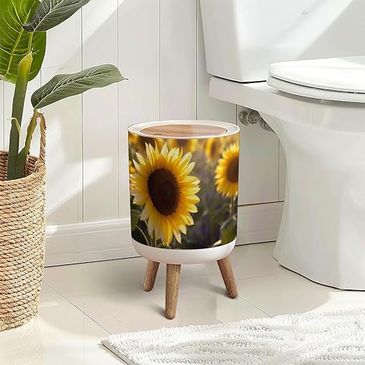 Trash Can with Lid Yellow Sunflower Sunset Light Close up Sunflower Close up Press Top Round Small Garbage Bin with Wooden Legs Waste Basket for Kitchen Bedroom Nursery 7L/1.8 Gallon