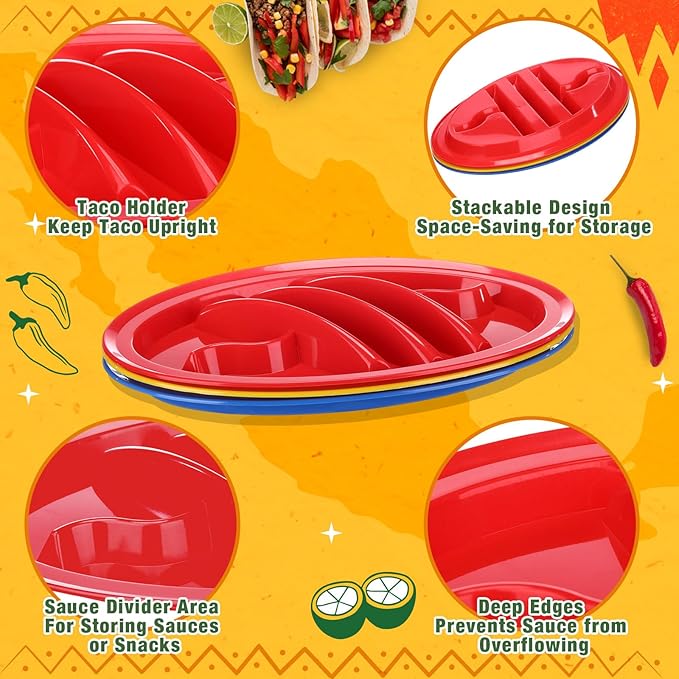 30 Pack Taco Plates Holders with Dividers 3 Color Plastic Taco Trays with 4 Dipping Areas Cinco De Mayo Tacos Night Party Supplies, Stand up Divider for 2 Tacos Tuesday Mexican Party