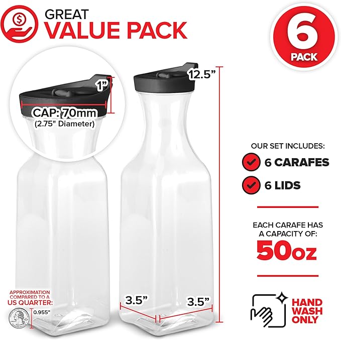 50oz Plastic Juice Carafe with Black Lids (6 Pack) 50 oz Carafes for Mimosa Bar, Drink Pitcher with Lid, Milk Container, Clear Beverage Containers for Fridge, Pantry Storage, Square Pitchers