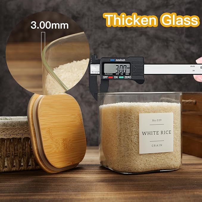 HHMJSM Large Glass Flour and Sugar Containers with 42 Kitchen Pantry Labels - 85 Oz Glass Food Storage Containers with Airtight Lids - Square Glass Jars with Bamboo Lids for Rice, Pasta, Cookies