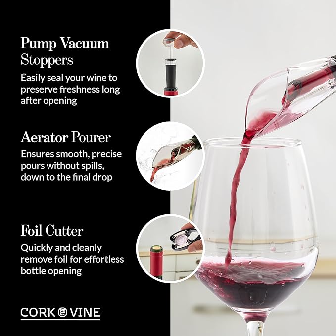 Cork & Vine Rechargeable 7-Piece Wine Set | Electric Wine Opener, Charging Base | Smart Wine Stopper, Wine Aerator, Wine Foil Cutter, Rechargeable Corkscrew, 2 Wine Stoppers Vacuum | Kitchen Gadgets