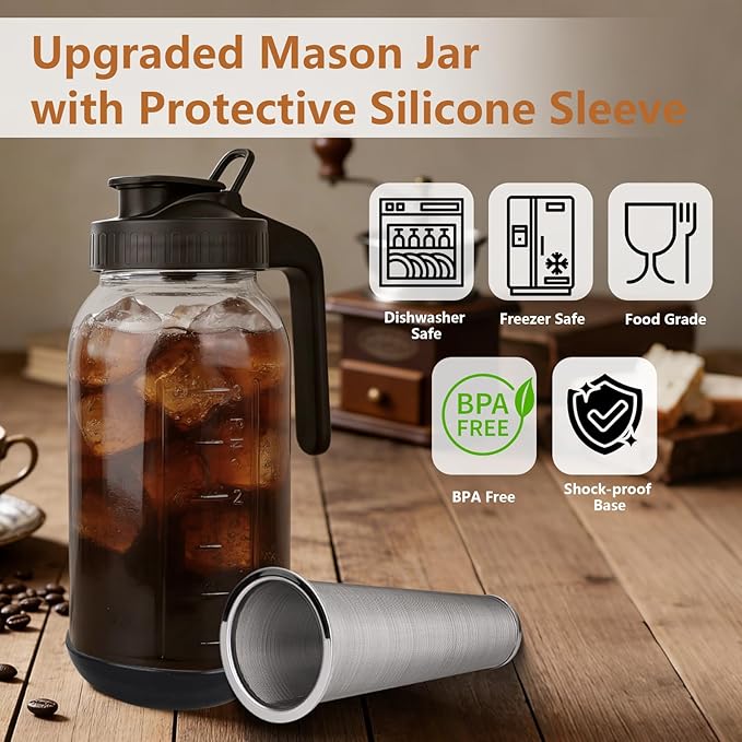 Cold Brew Coffee Maker, 64oz Mason Jar Pitcher with Stainless Steel Filter, Sealed, Leak-Proof Lid with Pour Spout & Handle, Heavy Duty Glass Iced Coffee Tea Brewer with Non-Slip Silicone Base-Black