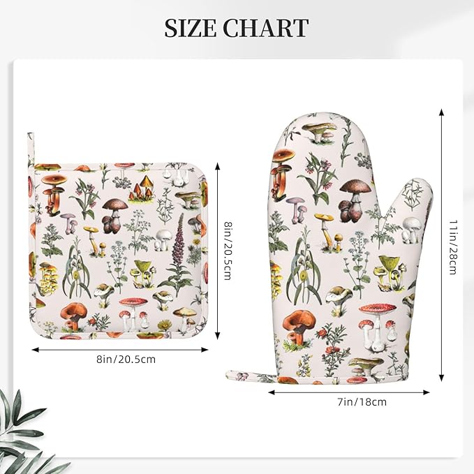 Vintage Botanical Oven Mitts and Pot Holders Set Silicone Heat Resistant Plants Herbs Mushroom Kitchen Gloves Set Nature Floral Kitchen Mittens Pot Holders for BBQ Cooking Baking Grilling