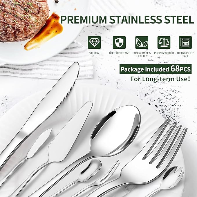 68 Pieces Silverware Set with Serving Utensils Set, CEKEE Stainless Steel Flatware Set for 12, Heavy Duty Cutlery Set, Kitchen Utensil Sets for Home Restaurant, Mirror Finish, Dishwasher Safe