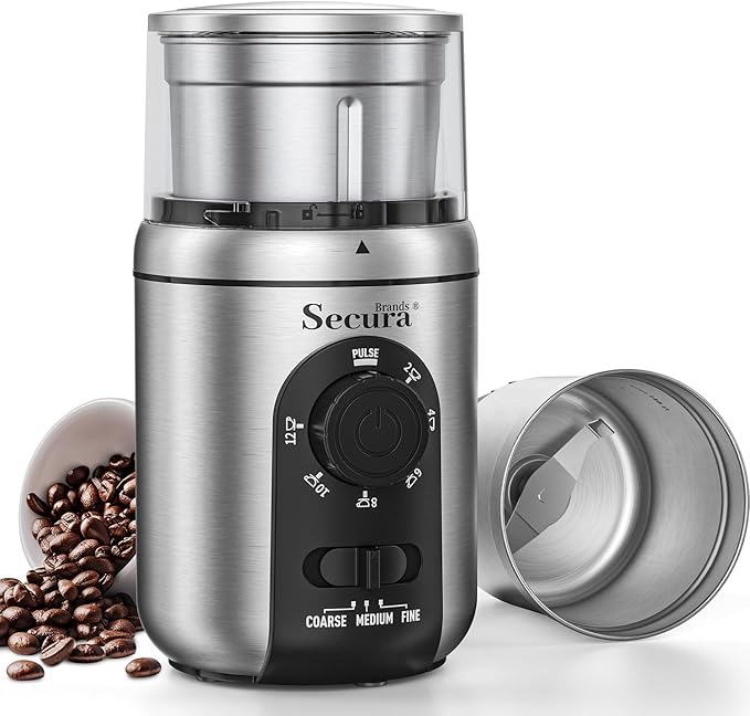Secura Brands Electric Coffee Grinder for Coffee Beans, Spices, Herbs Adjustable Coarse to Fine Setting for 12 Cup Capacity with 1 Removable Stainless Steel Bowl, Ideal for Home Use, RV