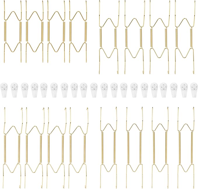 16-Pack Invisible Wall Plate Hangers, 6/8/10/12 Inch Brass Plate Holders with 20-Pack Wall Hooks