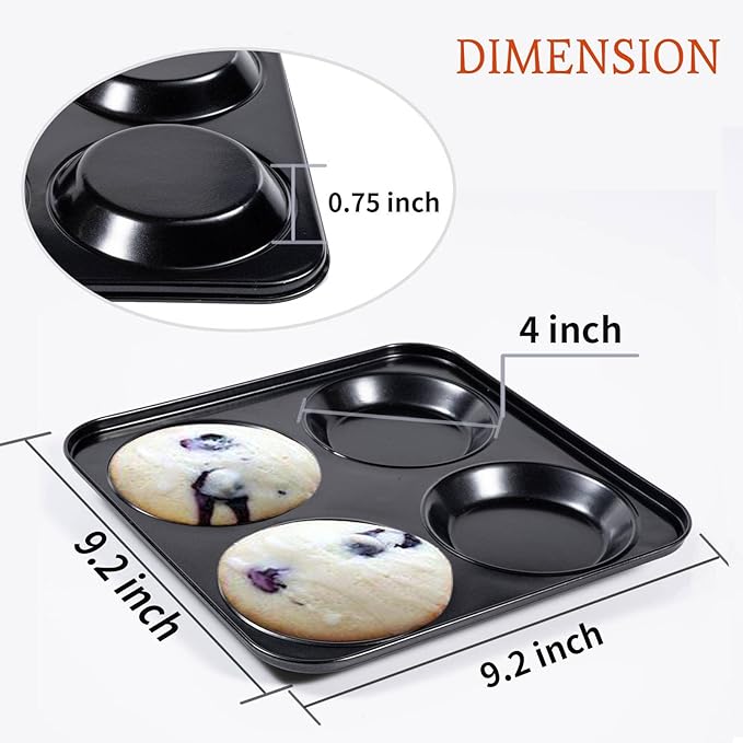 Muffin Top Pan Non Stick 4 Cavity Baking Moon Pie Whoopie Pie, 4 Inch Yorkshire Pudding Pan Hamburger Bun Pan Cake Baking Tray Egg Sandwich Mold Maker Mold for Oven, Air Fryer