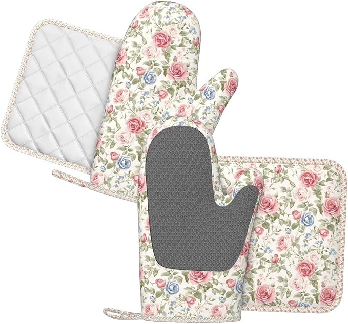 Oven Mitts and Pot Holders Flower Boho Rose Floral Silicone Kitchen Accessories Set of 4 Heat Resistant Long Gloves Potholder Non-Slip Grip for Chef Cooking Baking Grilling BBQ
