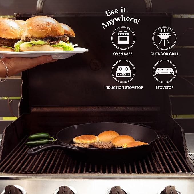 Cuisinel 15" Cast Iron Skillet + Glass Lid Cover + Pan Scraper + Heat-Resistant Silicone Handle Grip - Pre-seasoned Oven-Safe Kitchen Cookware - Indoor/Outdoor - Camping, Grilling, BBQ, Oven Safe
