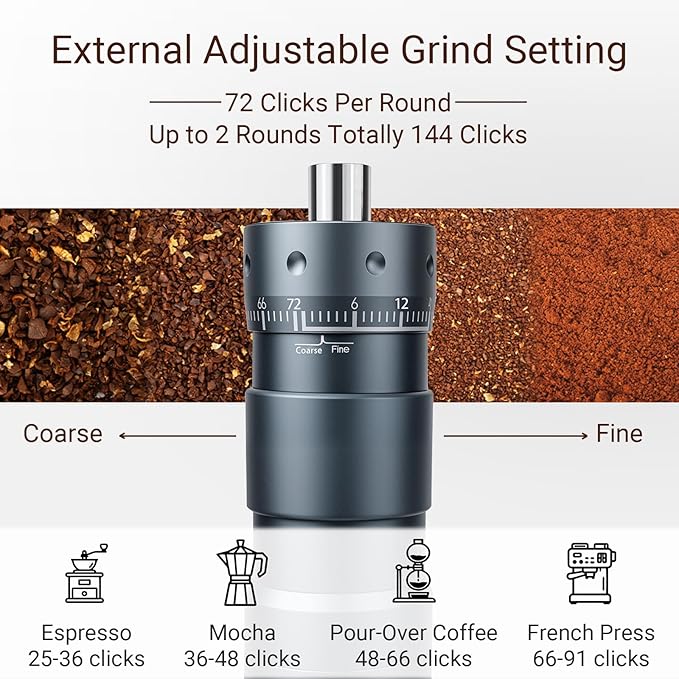 Manual Coffee Grinder with Numerical External Adjustable Setting Stainless Steel Conical Burr Hand Crank Coffee Mill for Cold Brew Espresso French Press Pour Over Drip with Foldable Handle- Grey