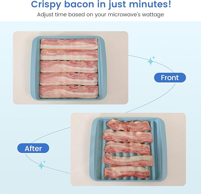 Microwave Bacon Cooker Rack with Plastic Transparent Lid - Crispy & Grease-Free (2 PCS)