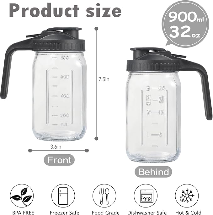 4 Pack 32oz Glass Pitcher with Lid, Double Leakproof Glass Mason Jar Pitcher with Pour Spout Lid, 1 Quart, Wide Mouth Storage Container for Breastmilk, Sun Tea, Juice, Cold Brew Coffee, Water