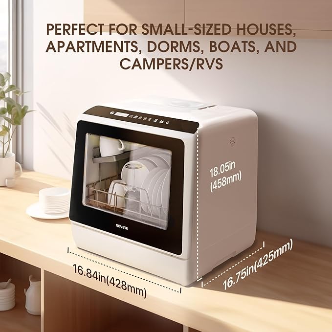 NOVETE Portable Countertop Dishwashers, Compact Dishwashers with 5L Built-in Water Tank & Inlet Hose, 5 Washing Programs, Baby Care, Air-Dry Function and LED Light for Small Apartments