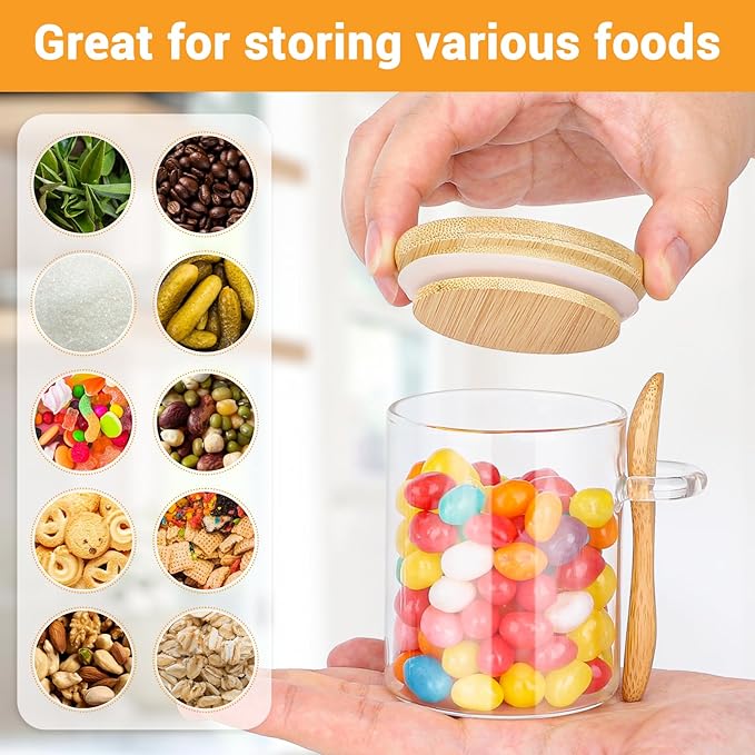 Glass Jars with Airtighr Lids - 6 Pack 6 Fl.oz Round Glass Jar with Bamboo Lid and Spoon, Includes Labels and Marker, Pantry Storage Containers for Spice, Overnight Oat, Sugar Coffee Canister