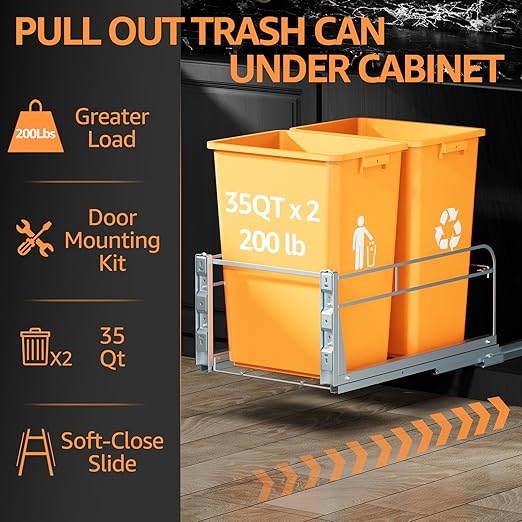 Double Pull Out Trash Can Under Cabinet with Door Mounting Kit,Under Sink Trash Can for Kitchen with Soft-Close Slides, Not Included Can，Requires Minimum Cabinets Opening 16" W X 24" D