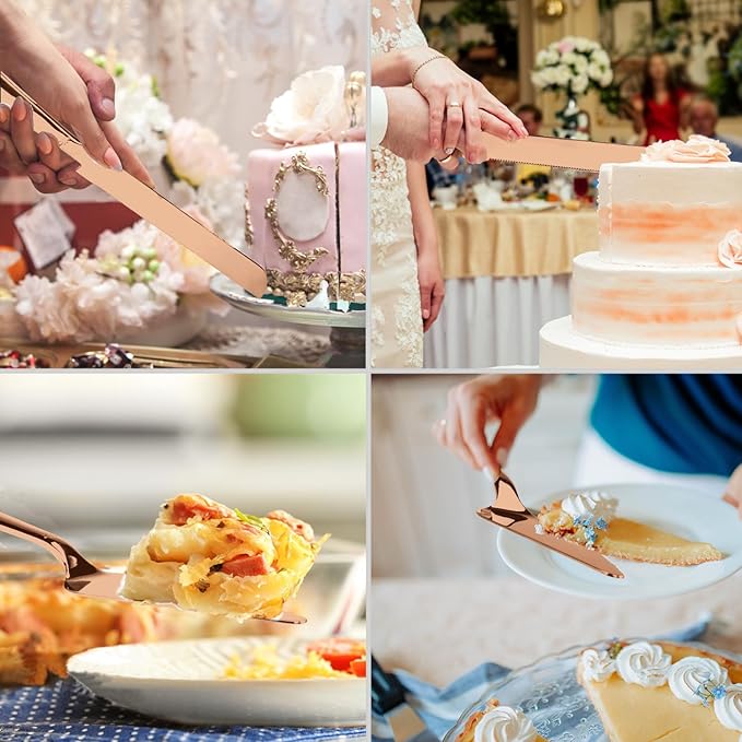 Wedding Cake Knife and Server Set, Integral Stainless Steel Longer Cake Cutter and Wider Pie Spatula, Elegant Cake Cutting Serving Set for Party Birthday Bridal Shower Set of 2, Rose Gold