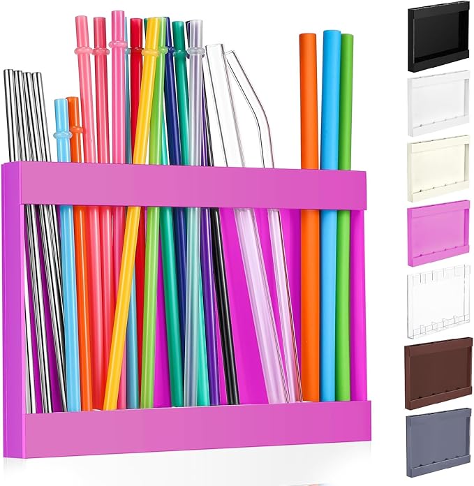 Qinyoung Acrylic Straw Holder for Cabinet Door with Double Sided Adhesive Tape Reusable Straw Organizer Tumbler Storage Kitchen Accessories Container for Counter Cupboard(Classic,Large,Hot Pink)