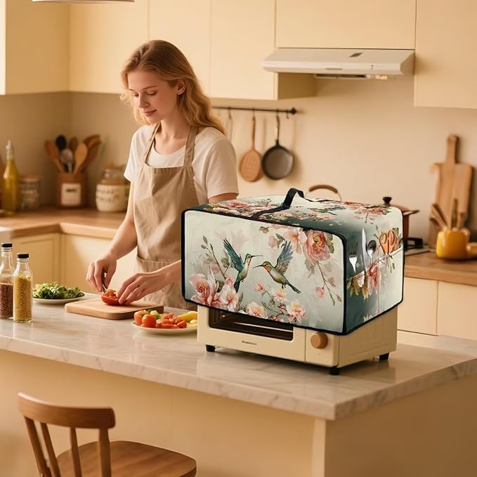 Air Fryer Toaster Oven Dust Cover Washable Fabric Countertop Microwave Smart Oven Cover for Kitchen Countertop Decor, M, 16.5 x 20.5 x 10 inches, Hummingbird Floral Pattern