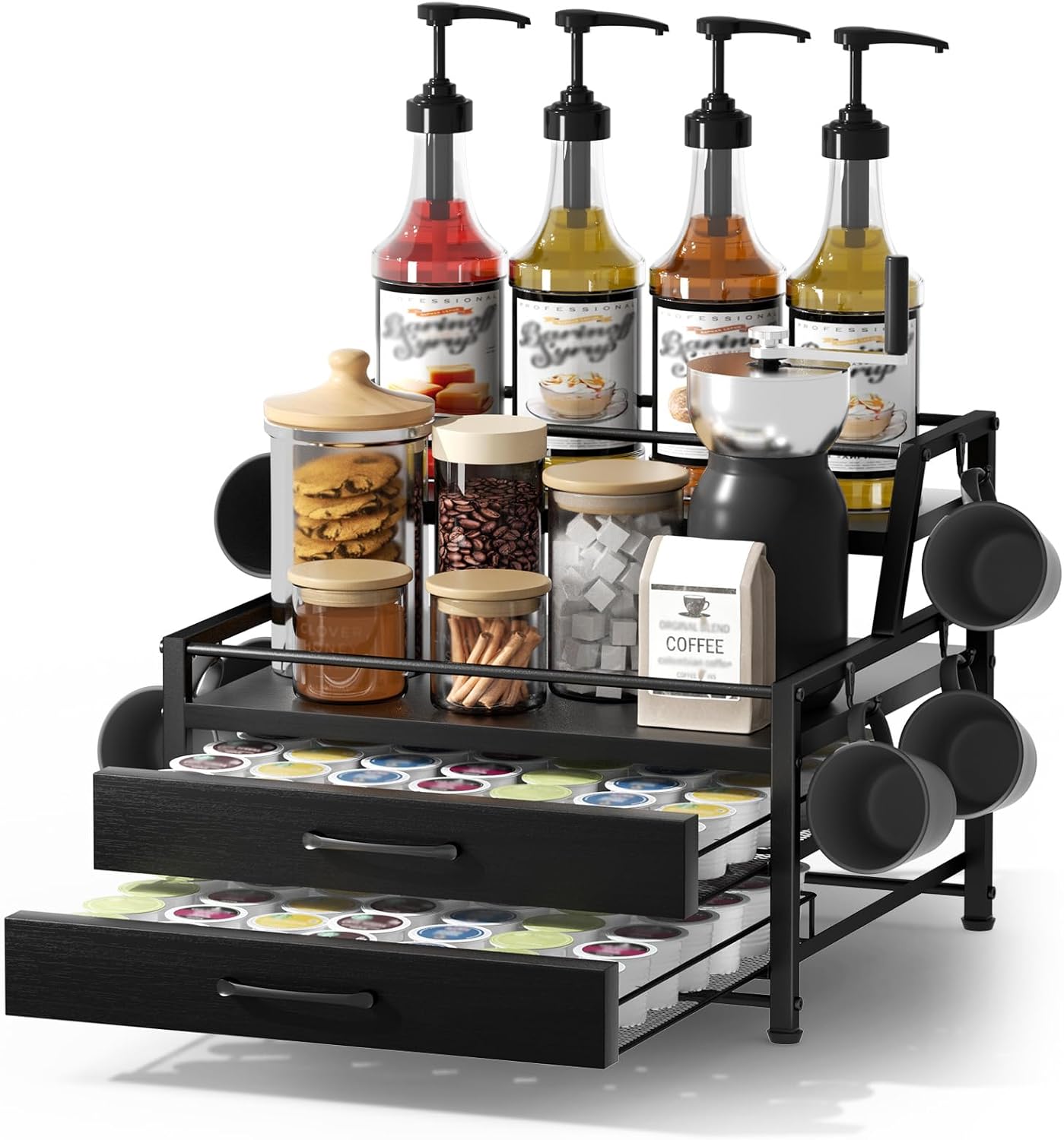 Coffee Syrup Rack Organizer - 4-Tier 8 Syrup Wine Bottles Stand with 82 Storage Drawer for K Cups, Coffee Pod Holder for Countertop, Bar Station, Kitchen, Black