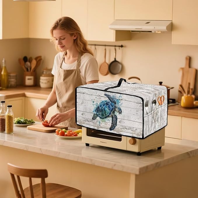 Air Fryer Toaster Oven Cover with Side Pockets, Protective Electrical Appliance Cover Kitchen Countertop Accessories and Decor, M, Watercolor Sea Turtle Wood Grain