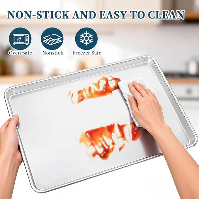 Full Size Commercial Quality Baking Sheet Pan, Bastwe Aluminum Cookie Tray Pan for Oven, Freezer, Bakery, Hotel Restaurant, Thick Steel Rim Prevents Warping (6 Pack, 26 x 18 Inch)