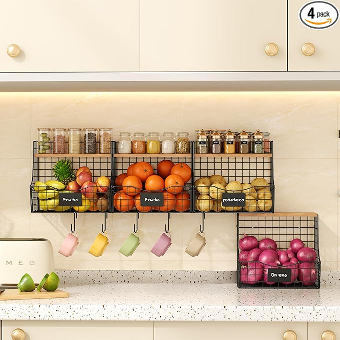 4 Pack Fruit Basket for Kitchen with Lid, Counter&Wall Mounted Hanging Fruit Basket, Potato and Onion Storage, Metal Wire Fruit and Vegetable Storage, Snack Organizer 11.81 * 8.66 * 10.63in