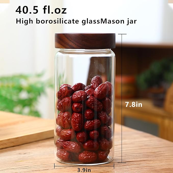 40.5 fl.oz -3 pack Glass Jars with screw Acacia Lids, Glass Food Storage Containers with Airtight Lids, Glass Container Jar Set for Coffee, Nut, Candy, Cereal, Sugar, Snacks, Blooming Tea,Spice