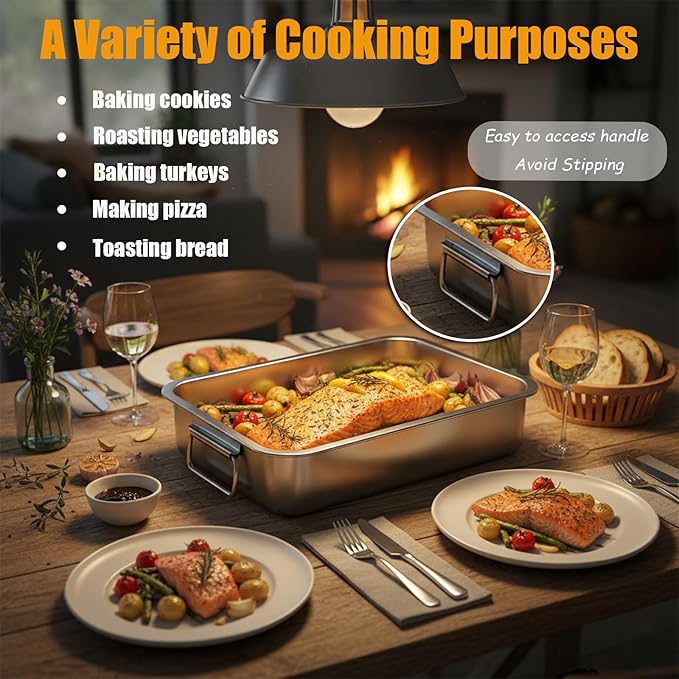 Stainless Steel Roasting Pan with Rack & Handles,15.5" x 11.6"- Food Grade No Coating Dishwasher Safe - Roaster for Turkey Chicken Meat Vegetables for Thanksgiving Christmas and Family Gatherings