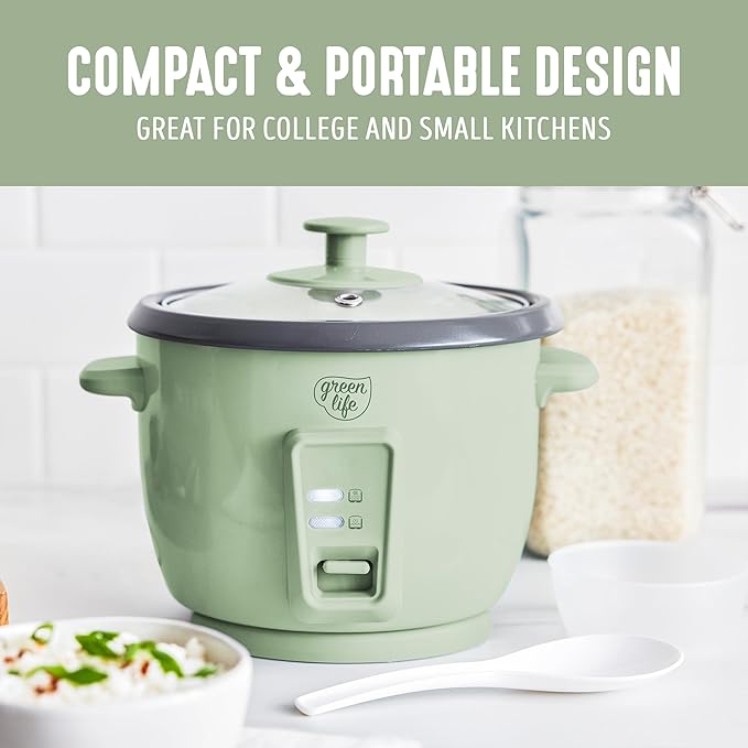 GreenLife Rice Cooker with Removable PFAS-Free Ceramic Nonstick Pot, 3-Cups Uncooked/6-Cups Cooked, Grains & Oatmeal Multicooker, Compact One-Switch Design, Auto Keep Warm, Easy Clean, Sage Green