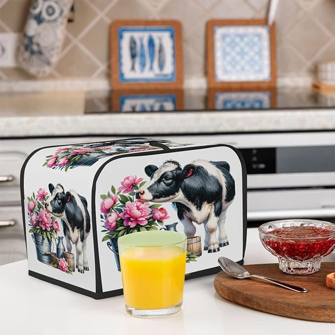 Animal Cow Pink Flower Toaster Cover 2 Slice Dust and Fingerprint Protection Toaster Bread Maker Covers Washable Kitchen Small Appliance Covers for Kitchen Accessories Decor Bakeware Women Gift