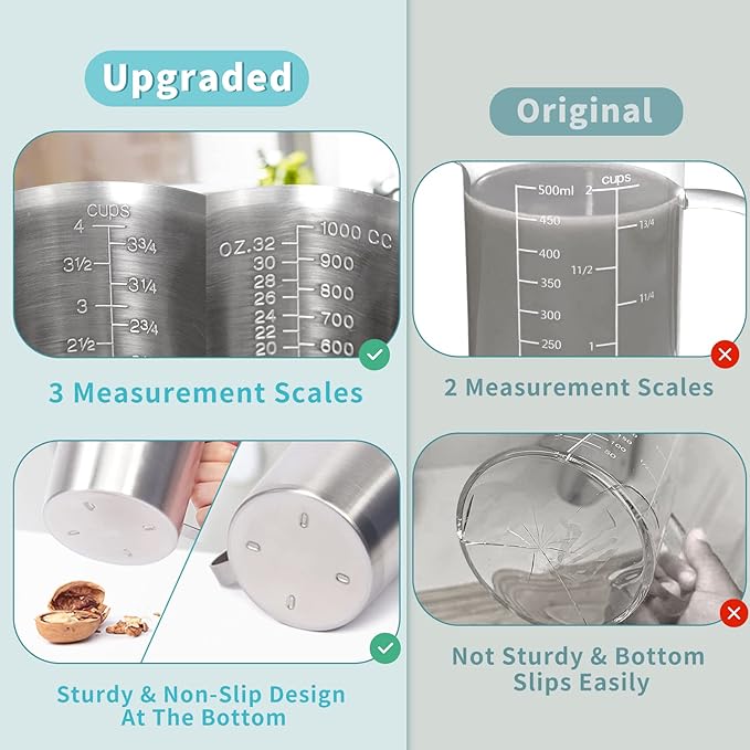 Newness Measuring Cup, [Upgraded, 3 Measurement Scales, Including Cup Scale, ML Scale, Ounce Scale], Stainless Steel Measuring Cup with Marking with Handle, 32 Ounces (1.0 Liter, 4 Cup) (Pack of 2)