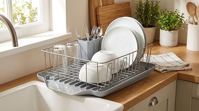 Farberware Classic 3-Piece Dish Drying Rack Set for Kitchen Counter, Gray - Rust-Resistant Wires, Self-Draining Board, Flatware Caddy, Non-Slip Feet