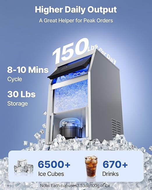 VEVOR Commercial Ice Maker Machine, 150 lbs/24h with 30 lbs Storage Capacity, Built-in/Freestanding/Under Counter, Stainless Steel Ice Maker with LED Display & Self-Cleaning, for Home Bar Restaurant
