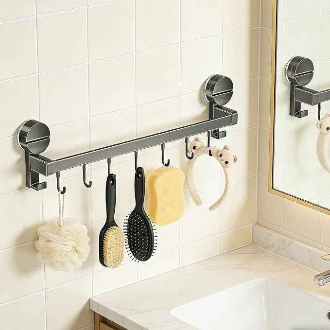 Wall Mounted Utensil Hook Rack with 8 Hooks, No Drill Installation, Space Gray Finish, Kitchen Organizer for Coats, Bags, and Accessories，Suction Cup Storage (2 Pack)