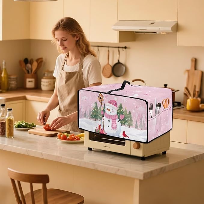 Air Fryer Toaster Oven Dust Cover Washable Convection Oven Cover Stylish Kitchen Appliance Protector Decorations Countertop Accessories, S, Snowman Northern Cardinal Pink