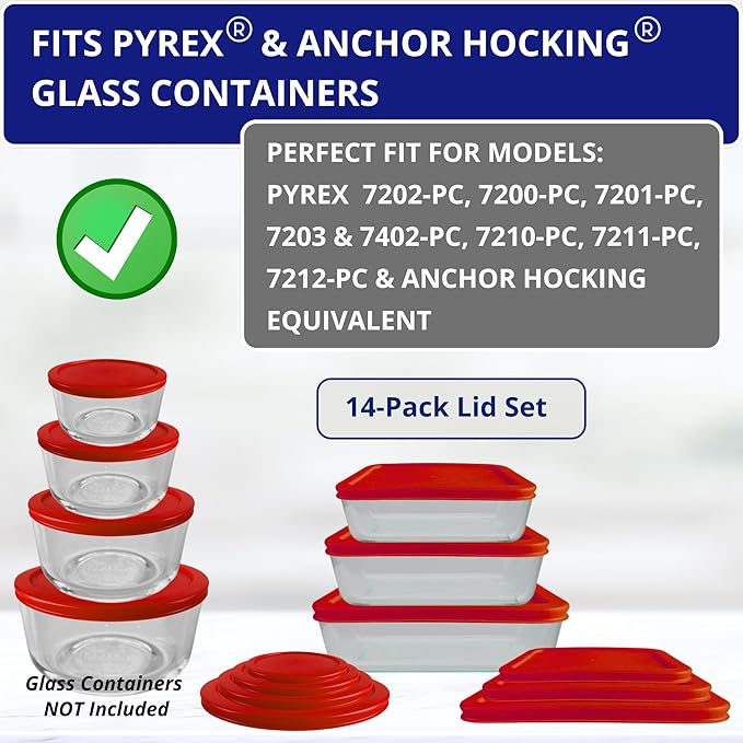 1, 2, 4 & 7 Cup Red Round & 3, 6, 11 Cup Red Rectangle Replacement Lids/Covers for Pyrex, Anchor Hocking & KlareWare Storage Bowls *Lids Only -Glass Container Not Included*, 14 Pack *2 of Each Size*