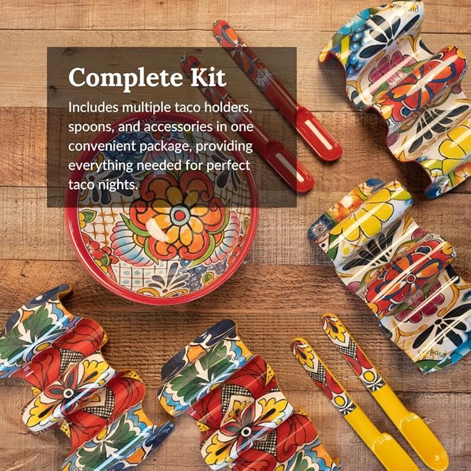 Prepara Taco Gift Set, Talavera - Taco Fiesta Talavera Pattern Serving Set for Taco Tuesday Night Parties, 6-Inch Party Bowl, 4 Taco Spoons for Easy Scooping, 4 Reversible Taco Holders